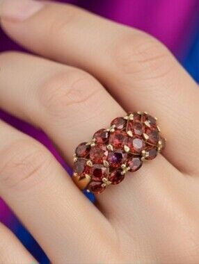 Sterling Silver Gold Garnet Cluster Ring - Deep Red Women’s Statement Jewelry